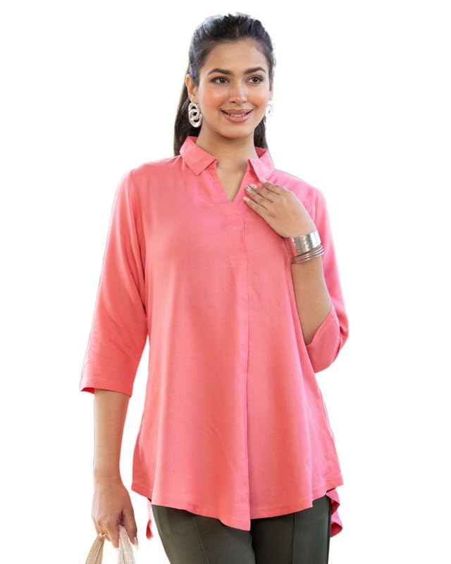 Image of Mlada Rayon Flare Top for Women | 3 /4th Sleeve Regular Fit and Flare Top | Women Office Tops Tunic | Western Long Shirt Top for Women | Shirt Collar Top for Women | Rayon Tunic Tops for Women Western