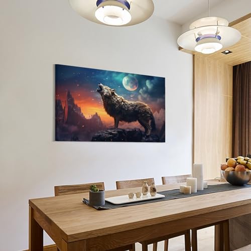 Impression sur toile loup gris encadrée avec lune abstraite