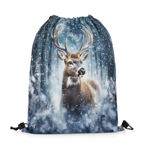 Erosebridal 3D Deer Drawstring Backpack 13x15.7, Safari Wild Animal Drawstring Bags, Elk Snowflakes Hunting Reversible Draw String Back Bag For Swim Yoga, Woodland Wildlife String Backpack2
