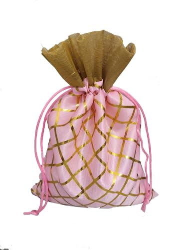 Image of 13CM X 18CM Small Drawstring Bags Pouches Potli for Gift Wedding Jewelry Packaging Bridal Party Favors for Women (10 Pc Pack, Pink Color Golden Berfi Print)