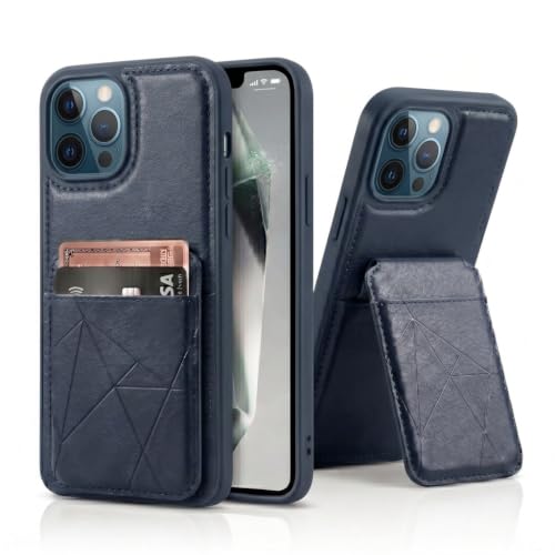 Image of amazon basics Premium Vegan Leather Back Cover with Card Holder and Integrated Mobile Stand for iPhone 12 Pro Max - Slim Shockproof Wallet Case with Geometric Stitching [Blue]