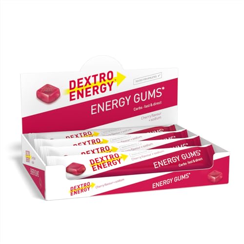 Dextro Energy Cherry | With Sodium for Fast Acting Quickly Available Carbohydrates | Chewable Alternative to Sports Gels | Easy to Portion and Transport Sport Gums | Vegan | 8 x 45 g