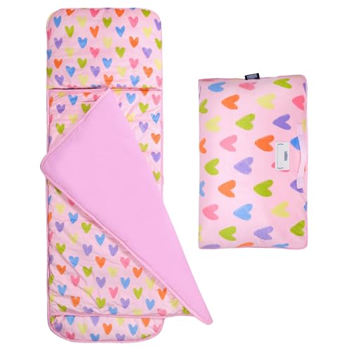 Image of Wildkin Kids Velour Nap Mat for Girls - Soft & Cozy Toddler Sleep Mat with Built-in Blanket for Daycare, Preschool, Kindergarten & Travel, Ages 3-7, Machine Washable - Pink Hearts