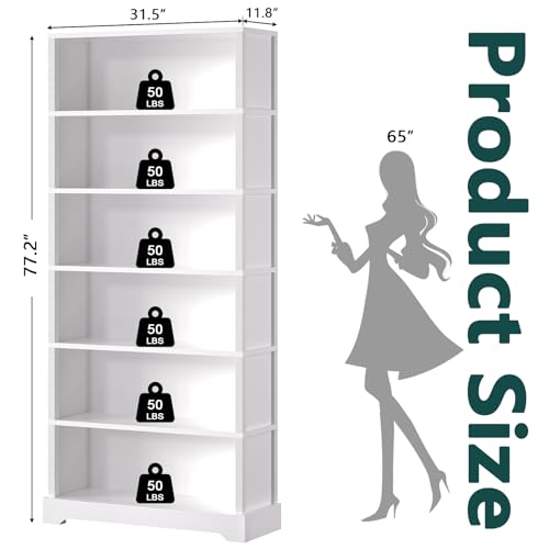 Image of TVU 6-Tier Wooden Bookshelf, 77.2 inch Tall Farmhouse Style Open Bookcase, 31.5 inch W Standing Bookshelf with Storage, Suitable for Study, Living Room, Office, White