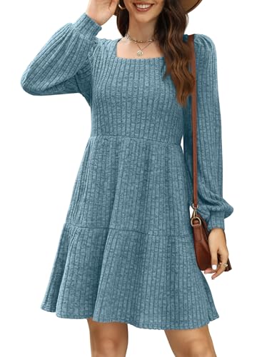 Image of Sampeel Womens Square Neck Long Sleeve Fall Dresses Casual Babydoll Sweater Dress