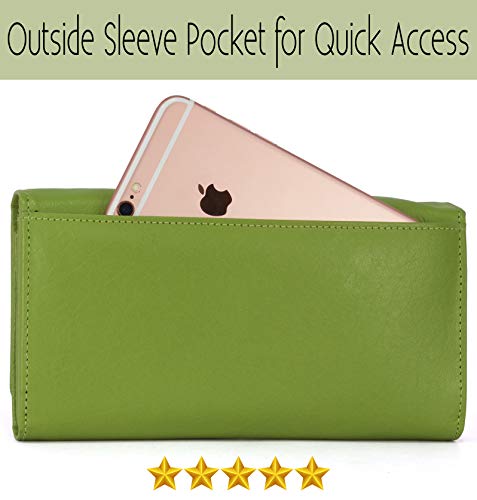 Image of Women's Top Grain Leather Wallet, RFID Blocking Bifold clutch, 17 Card Slots, Zip Pocket Organizer, Elegant Gift for Women - Birthday, Valentine, Anniversary - GREEN