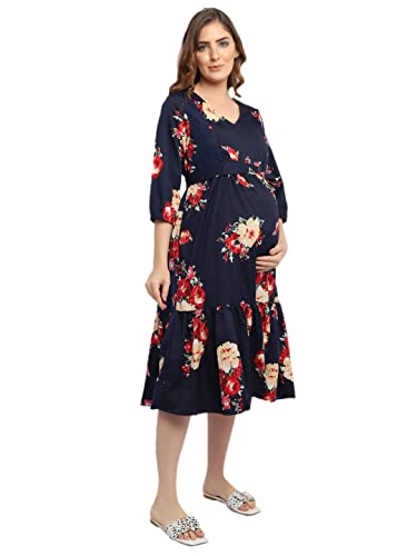 Image of Women's Crepe Maternity Midi Dress /Floral Print Pregnancy Dress /Easy Breast Feeding /Breastfeeding Dress /Western Dress with Zippers for Nursing Pre and Post Pregnancy