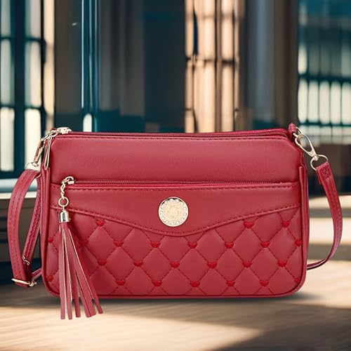 Image of SHAMRIZ Korean Style Quilted Sling Bag for Girls | Cute Heart Pattern Crossbody Purse with 3 Zipper Compartments | Fancy Tassel Side Bag for Party, Wedding & Gifts | Mini Slingbag /One Side Bag