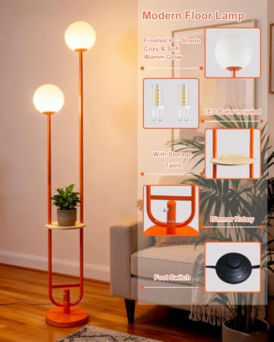 Image of Lightdot 63IN Orange Floor Lamp 2 Globe Mid Century Standing Lamps with Bulbs Included Unique Vintage Dimmable Tall Floor Lamp with 5Lbs Heavy Base for Living Room /Wedding /Sofa Beside /Corner Decor