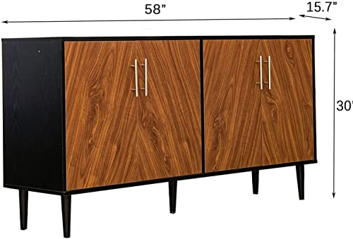 Modern Sideboard Buffet Cabinet, 58'' Mid Century Credenza Storage Cabinet with 4 Doors, Adjustable Shelf, Dining Buffet Cabinet with Storage for Living Room, Black
