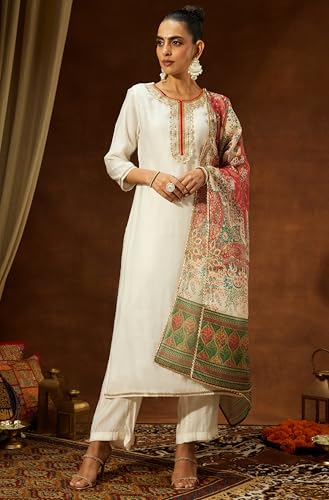 Image of Janasya Women's Off White Silk Blend Embellished Straight Kurta Set