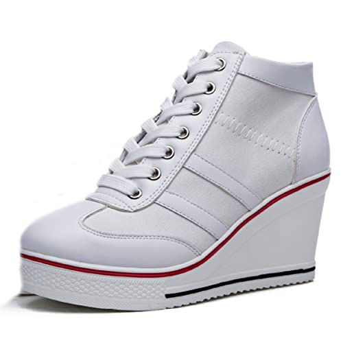 ALLINNINE Lady Striped Wedge Cute Shoes,High Heel Sneakers(B All-White, 6)
