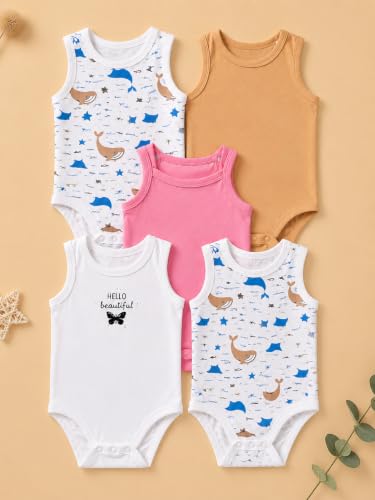Image of TuddyBuddy 100% Cotton Multicolor Sleeveless Camisole Rompers /Bodysuits for Baby Girl (Pack of 5, 2 Whales 3 Multi, 3-6 Months)