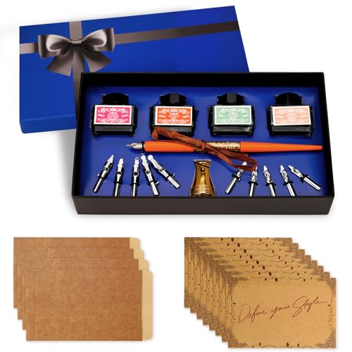 ZUSUZU Juego de Caligrafía de 28 Piezas – Pluma de Inmersion de Madera Retro con 10 Plumillas,4 Tintas de Colores,Soporte de Bronce,Papel y Sobres – Ideal para Principiantes,Práctico & Regalo Elegante