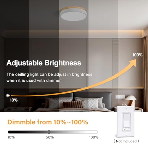Image of Dimmable LED Wood White Round Flush Mount Ceiling Light 11.81 Inch