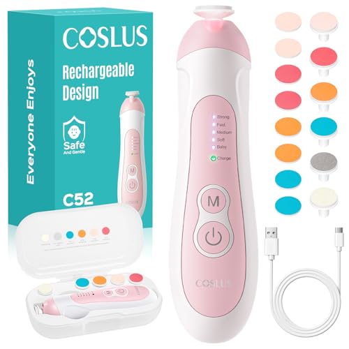 Image of COSLUS C52 Rechargeable Baby Nail File: Cordless Baby Nail Trimmer Electric with 5 Speeds & 6 Grinding Heads for Baby Kid, CPC Certified and Quiet Design - Safe for Sleep Trim Buffer, Pink