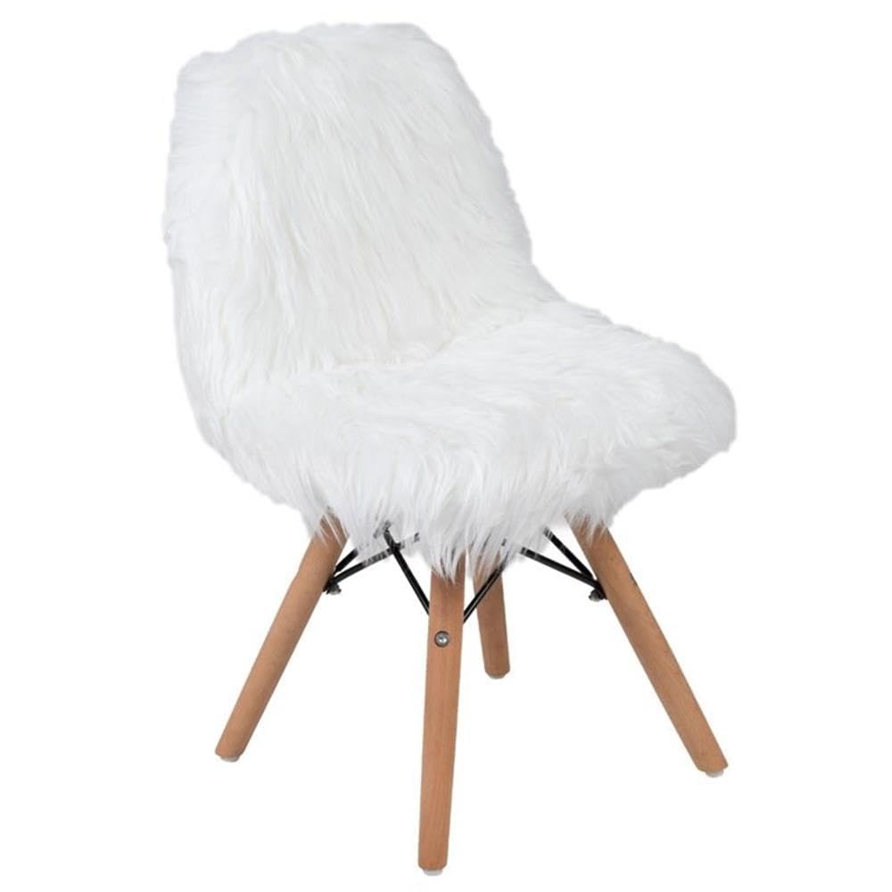 BOWERY HILL Contemporary Kids Shaggy Dog Accent Chair, 23.5" H x 14" W x 14" D, White Acrylic Upholstery, Wooden Legs with Metal Bracing, Modern Style Playroom or Bedroom Chair for Ages 5-7