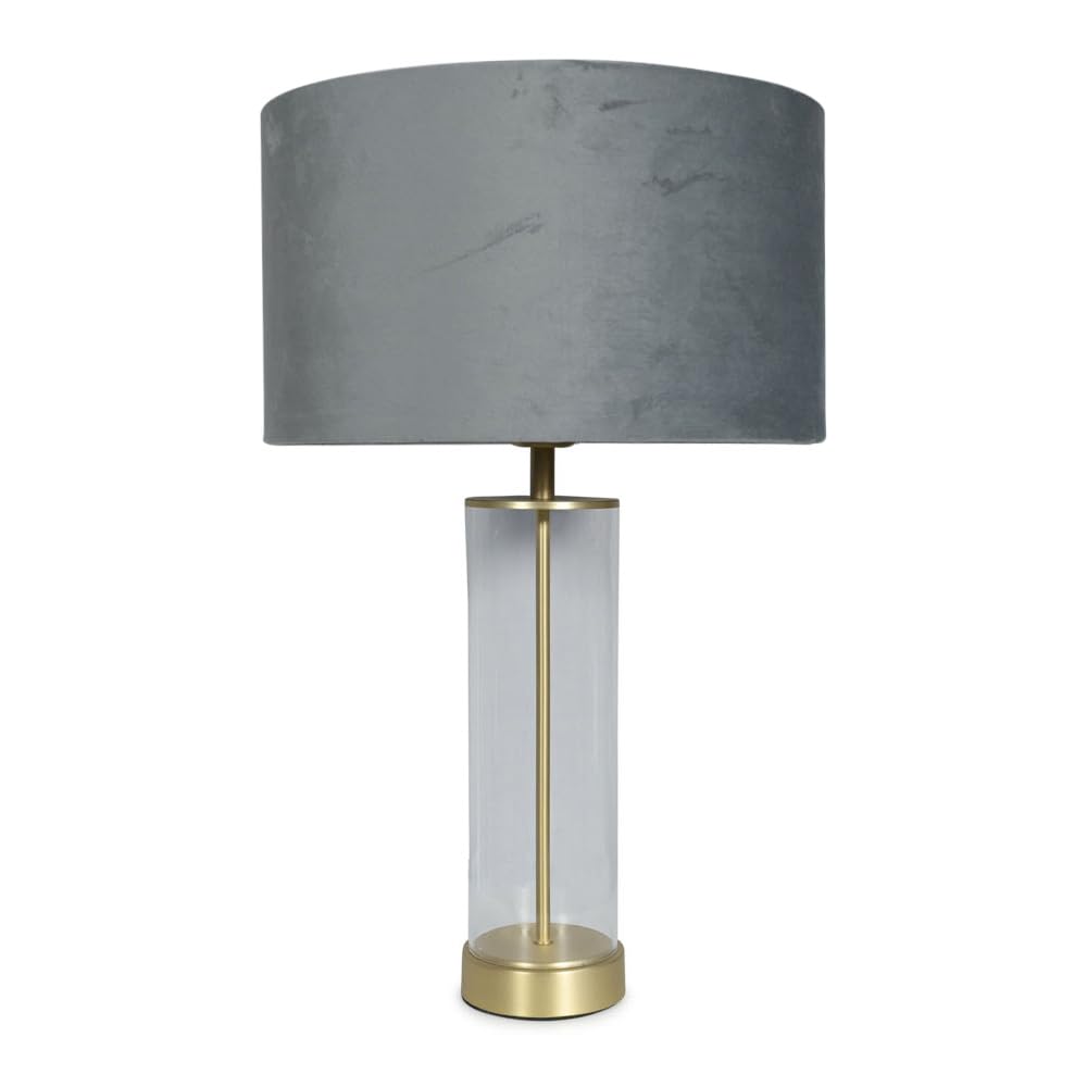 Valuelights Unisex Mid Grey Balan Glass & Matt Gold Table Lamp W/ Velvet Drum Lamp Shade In