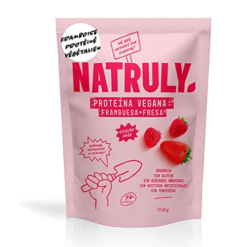 NATRULY Protéine Vegan BIO Fraise et Framboise, 90% Protéine, 100% Naturel Sans Sucre, Sans Gluten, Sans Lactose -350g