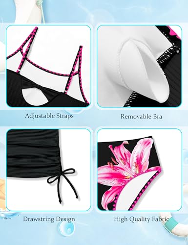 Image of Girls Tankini Swimsuit 2 Piece Set Unique Edge Girl Bathing Suit with Drawstring + Swim Briefs Swimwear Set for 9-16Y