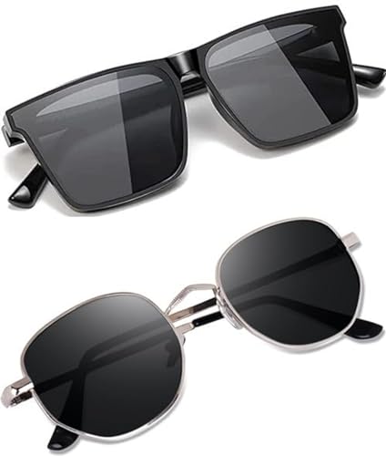 Image of IFLASH Unisex UV Protected Combo Offer Shades Black Goggles Rectangle Retro Vintage Narrow Sunglasses Pack Of 2, Free Size