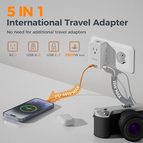 Image of TESSAN Universal Travel Adapter PD 45W, Ultra Thin International Power Adapter Fast Charger, Worldwide Plug Adaptor with 2 USB C 2 USB A to European UK Italy Spain New Zealand (Type C G A I), 1 Pack