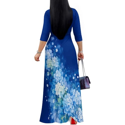 Image of Plus Size Maxi Dress for Women V Neck 3 /4 Sleeve Wrap Dress Blue S | Blue Floral Women's Maxi Dress for Mother's Day Wedding Women's Day