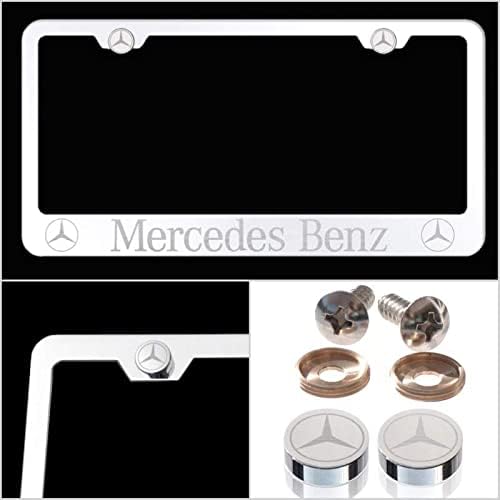 Compatible with Benz Laser Engraved License Plate Frame Made of Industrial Grade Mirror Finished Chrome Stainless Steel w/Caps and Accessories
