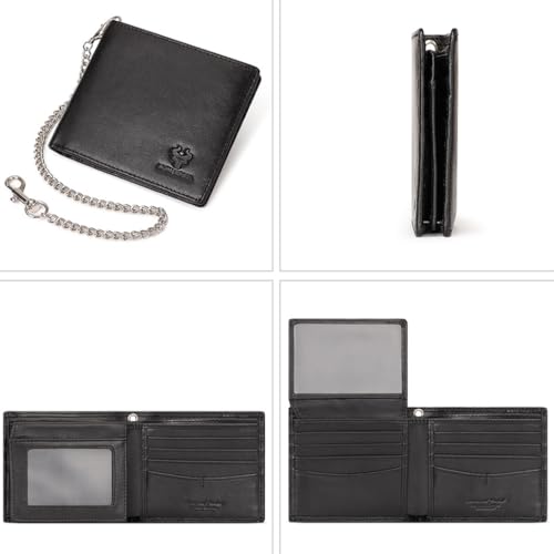 Genuine Leather Card Holder Wallet with Chain Accessory for Men, Women RFID Blocking 13 Card Slots 2 ID Windows 2 Bill Compartments Short Bi-Fold Wallet Gift (Black)2