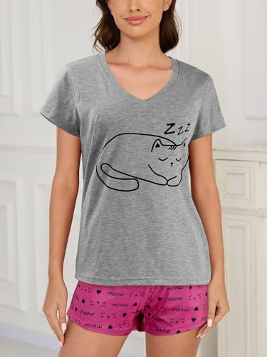Image of VENTELAN Pajama Set For Women Cute PJS Summer Short Sleeve Shorts Sleepwear