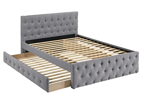 Cama de solteiro contemporânea com ripas de rodízio, botão estofado de serapilheira cinza claro com