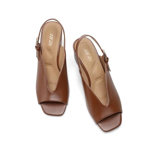 AIUZO Women's Block Heel Sandals, 2.5 Inch Square Peep Toe V-Cut Slingback Dress Heels for Wedding Party Work Daily, Brown, Size 6.5 by AIUZO - Used condition - Image 4
