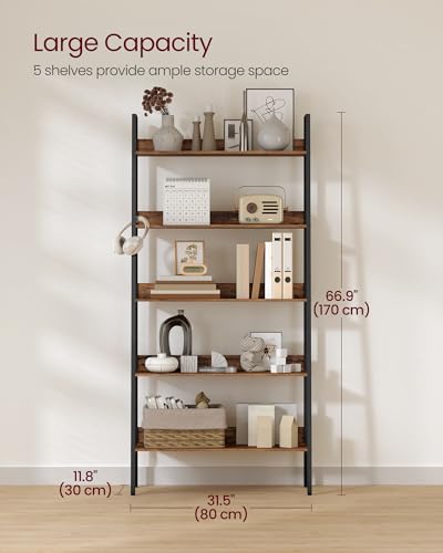 VASAGLE Bookshelf, 5-Tier Bookcase, Ladder Shelf for Home Office, Living Room, Bedroom, Kitchen, Rustic Brown and Ink Black ULLS129B01 - Image 4