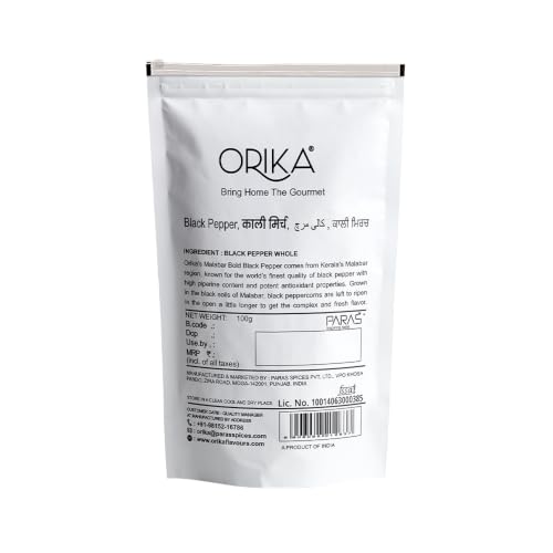 Image of Orika Malabar Bold Black Pepper Whole, 100g | Sabut Kaali Mirch | Premium Peppercorns with High Piperine Content