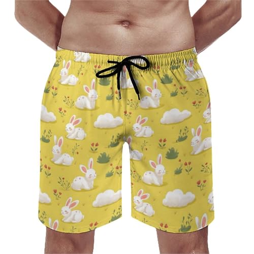 Hawaiian Shorts for Men - Comfy Cute Bunny Clouds Print Mens Swim Trunks Bathing Suits with Mesh Lining