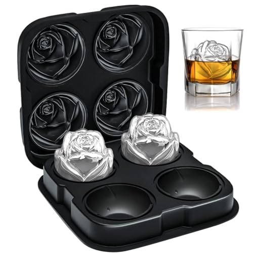 Ice Cube Molds Trays,4 Cavity Silicone Rose Ice Ball Maker Silicone Rose Flower Shape Ice Cube Moulds Ice Cube Tray with Lid for Whiskey Cocktails Reusable