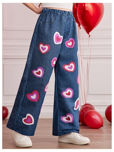 WDIRARA Girl's Heart Print Elastic Waist Jeans Straight Leg Cute Denim Pants3
