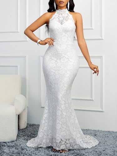 Image of Women's Sexy Plus Size Floral Lace Halter Neck Long Tail Sleeveless Slim Fit Mermaid Wedding Party Dress for Women White