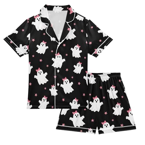 Satin Pajama Sets Short Sleeve Cute Ghosts with Pink Bows Button Down Silky Nightwear 2 Piece PJS 5-14Y