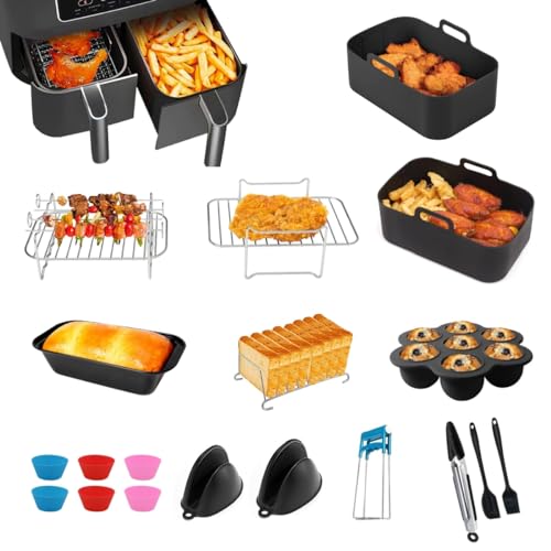 Air Fryer Accessories Set, 12Pcs for Ninja/Keplin/Tower/EMtronics/Instant Vortex 7.6L-9.5L Dual Air Fryer, Including Silicone Air Fryer Liners, Racks, Gloves, Bread Pan and Tools