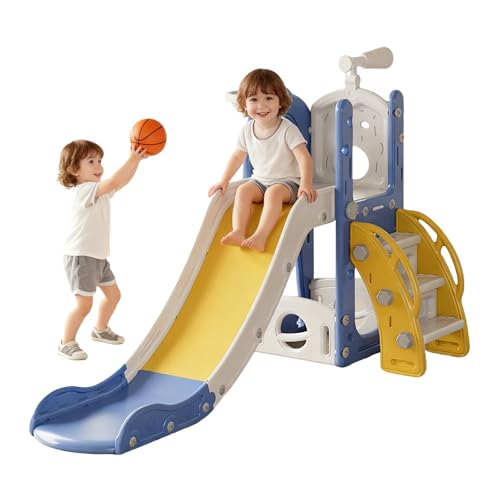 Toddler Folding Slide for Toddlers 6-in-1 Baby Slide Indoor Outdoor with Basketball Hoop & Telescope Large Climbing Play Set for Kids Ages 2-4 Non-Slip Freestanding Playset for Gift