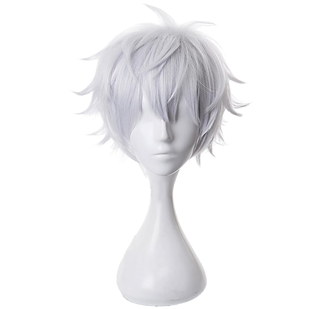 Silber Weiß Cosplay Perücke Untrimmed Bob Kurzhaar für Erwachsene Männer Halloween Universal Cos Anime Rollenspiel Party Hitzebeständige synthetische Haare