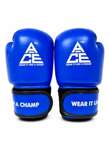 Image of ACE Genuine Leather Boxing Gloves | Adult Training Gloves for Sparring | Shock Absorbing Padding | Secure Wrist Strap | Punching Bag Workout | Blue | 8 oz
