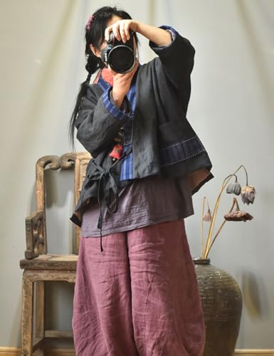 Women's Wrap Front Cotton Quilted Short Jacket Chinese Hanfu Style Kimono Cardigan Printed Patchwork Loose Outwear4