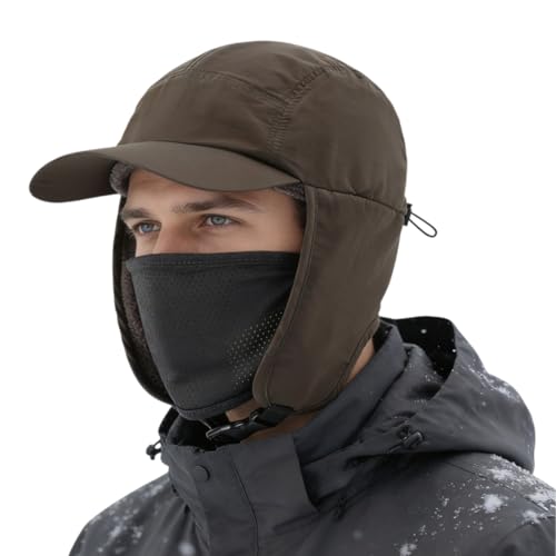 Magracy Mens Winter Fleece Lined Earflap Hat Waterproof Baseball Cap with Face Cover Pilot Cap Army Green