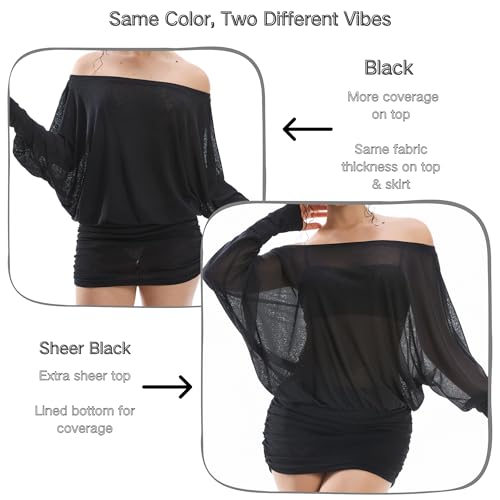 Image of Women's Off The Shoulder Dress Long Sleeve Batwing Mini Ruched Sheer Y2K Oversized Club Sexy Night Out Dresses