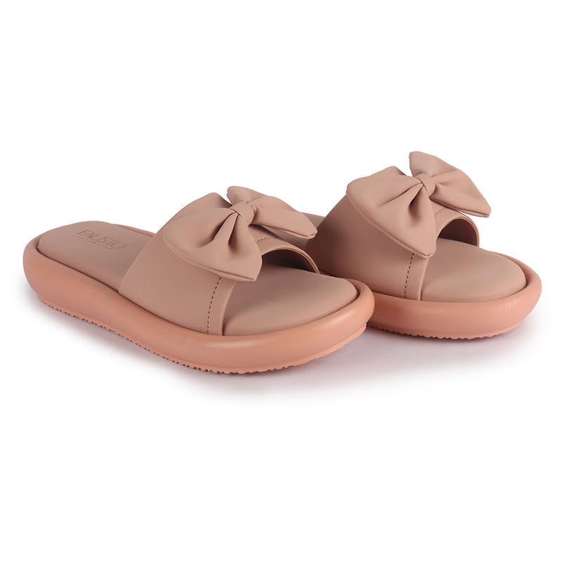 Image of FAUSTO Women Open Toe Bow Design Slip On Sliders | Extra Comfort Cushioned Insole Slippers | Classic Flat Sandals for All Day Long