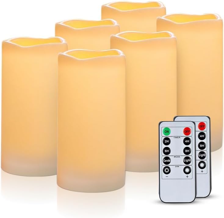 AMAGIC Outdoor Wasserdicht Flammenlose Kerzen, Batteriebetriebene LED Stumpenkerzen mit Fernbedienung und Timer, Elfenbein, Kunststoff, 2er-Set, 6er-Set (7,6 cm x 15 cm)