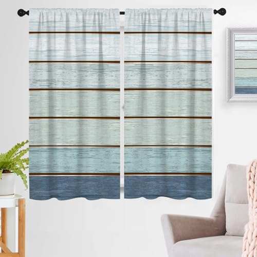 zokyer Blue Western Wooden Curtains, 2 Panels, 42" W x 63" L, Rod Pocket