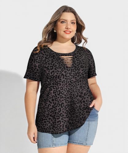 Image of CARCOS Plus Size Tops for Women Short Sleeve Shirts Basic Tee Solid Color Blouse V Neck Tunic Loose Fit Tshirts Summer XL-5XL